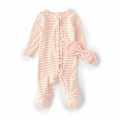 Flash Sale 👏 Starting Out Baby Girl Newborn-6 Months Long Sleeve Horizontal Striped Knit Coverall & Matching Bow Headband Set Pink ⌛