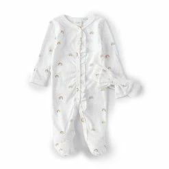 New 👍 Starting Out Baby Girl Newborn-6 Months Long Sleeve Rainbow Printed Knit Coverall & Coordinating Bow Headband Set White 🧨