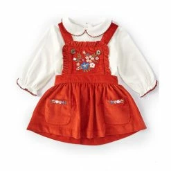 Coupon 🎉 Starting Out Baby 👧 Girls 3-24 Months Long Sleeve Peter Pan Collar Floral Embroidered Corduroy Jumper 2-Piece Set Rust 🔥