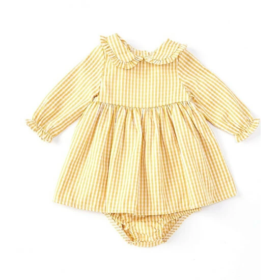 Hot Sale β Starting Out Baby π§ Girls 3-24 Months Long Sleeve Peter Pan Collar Check Print Woven π Dress Gold π€© 3 Hot Sale β Starting Out Baby π§ Girls 3-24 Months Long Sleeve Peter Pan Collar Check Print Woven π Dress Gold π€©