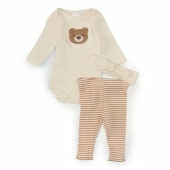Budget 💯 Starting Out Baby 👧 Girls Newborn-9 Months Bear Applique Bodysuit & Stripe Pants Set Brown 🛒
