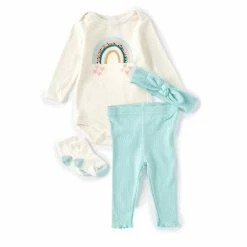 Coupon 🛒 Starting Out Baby 👧 Girls Newborn-9 Months Rainbow Long Sleeve Tee, Ribbed Pants, Headband, & 🧦 Socks 4-Piece Set Aqua 🥰