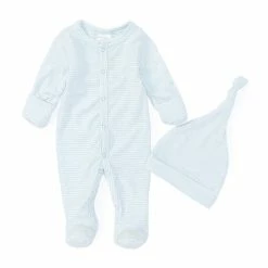 Deals 👍 Starting Out Baby Boys Preemie-9 Months Long Sleeve Footed Stipe Coverall & Knot Hat 2-Piece Set Blue 👍