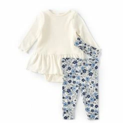 Deals 🧨 Starting Out Baby 👧 Girls Newborn-9 Months Long Sleeve Ribbed 👗 Skirted Bodysuit & Floral Printed Legging Set Blue ⭐