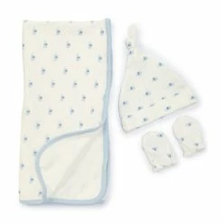 Wholesale ✨ Starting Out Baby Boy Elephant Knotted Beanie, Mittens & Blanket Set Blue 🌟