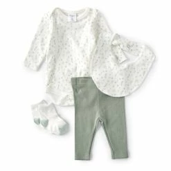 Best Sale ⭐ Starting Out Baby 👧 Girls Newborn-9 Months Long-Sleeve Bodysuit & Legging Bib & 🧦 Socks 4-Piece Set Green ❤️