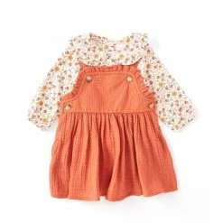 Promo 🔔 Starting Out Baby 👧 Girls 3-24 Months Long Sleeve Ruffle Gauze Jumper 2-Piece Set Rust 💯