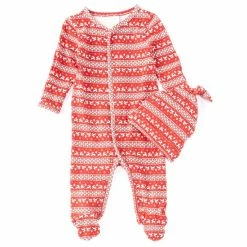 Promo 💯 Starting Out Baby Newborn-9 Months Fair Isle 🔔 Christmas Reindeer Print Footie & Hat Set Green 😀